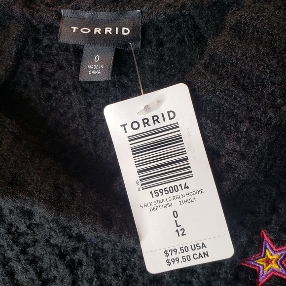 Torrid Raglan Hoodie Pullover Black Embroidered Stars Bolt Size 0 Large 12 NWT - Picture 9 of 15